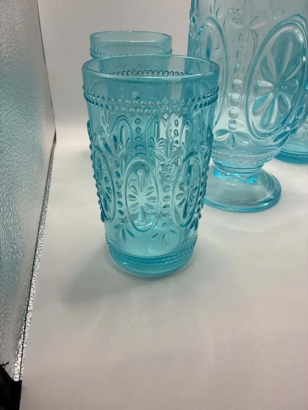 Vintage-Inspired Embossed Light Blue Glass Pitcher And 4 Tumbler Drinking Glasse